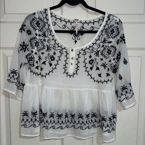 Free People Black and ivory Embroidered Blouse